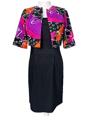 AGB Petite 2-Piece Black Dress 6P W/Multicolor Cropped Jacket Office Cocktail